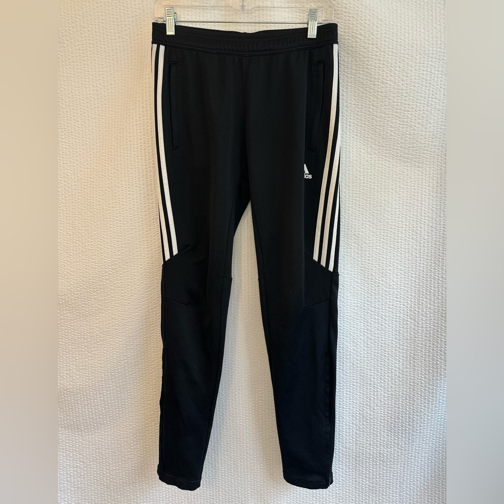 ADIDAS Black White 3 Stripe Track Pants Zip Pockets Ankle Zip Joggers Small